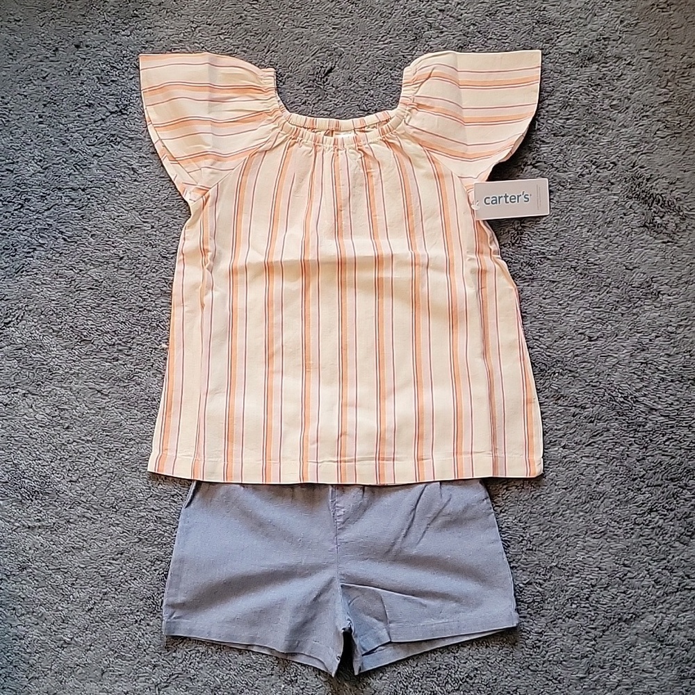 Carter's girls 5T, 2-piece shirt and short set. Striped top, blue shorts. NWT.